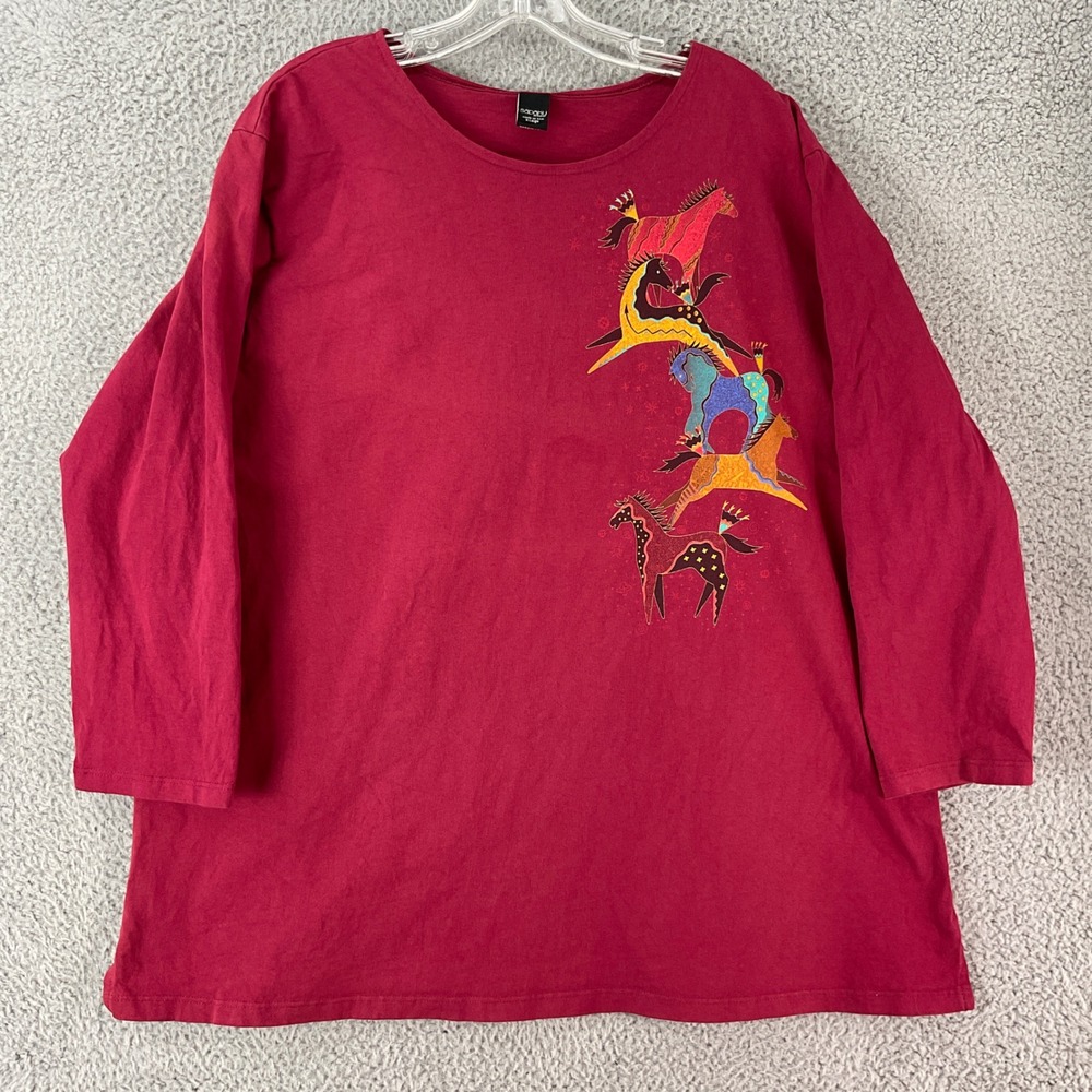 Sabaku Artwear Horse Graphic Top Womens XL Red Good 3/4 Sleeve Cotton Tee